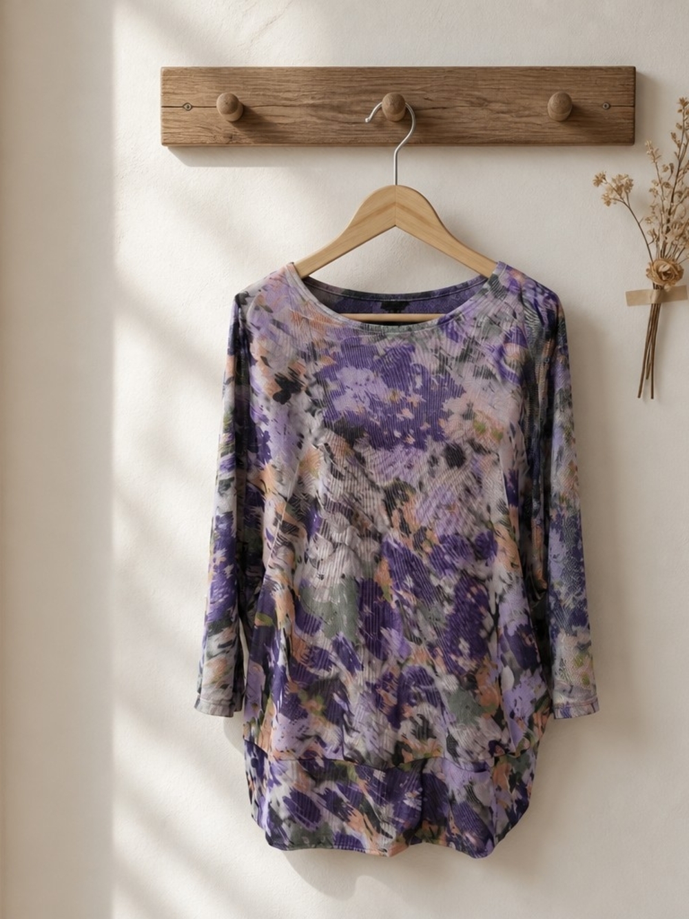 Chico's Purple Floral Long-Sleeve Mesh Top